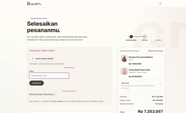 Contoh checkout BrandMu dengan pilihan masuk, formulir email, dan ringkasan produk dalam pesanan.