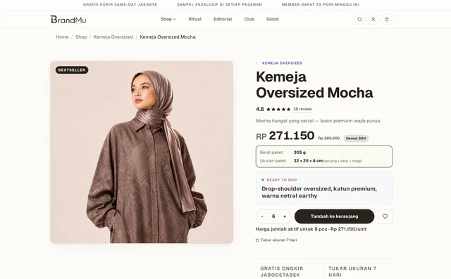 Contoh halaman produk toko online BrandMu pada desktop.